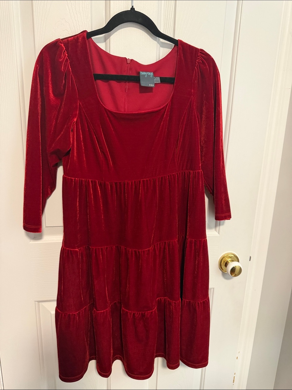 Red Velvet Tiered Long-Sleeve Dress